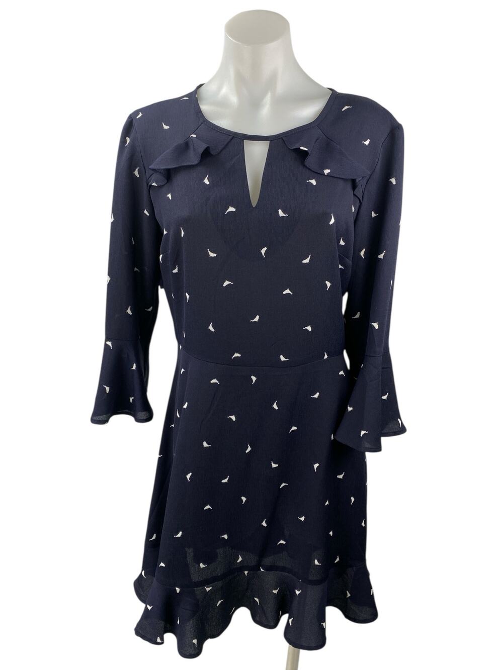 Xhilaration Blue Bird Print Ruffle Keyhole Long Sleeve Mini Flare A-Line Skirt M